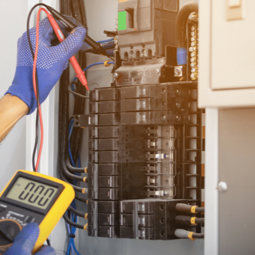 Técnico Eletricista do Marido Ideal realizando reparos elétricos seguros em quadro de energia.