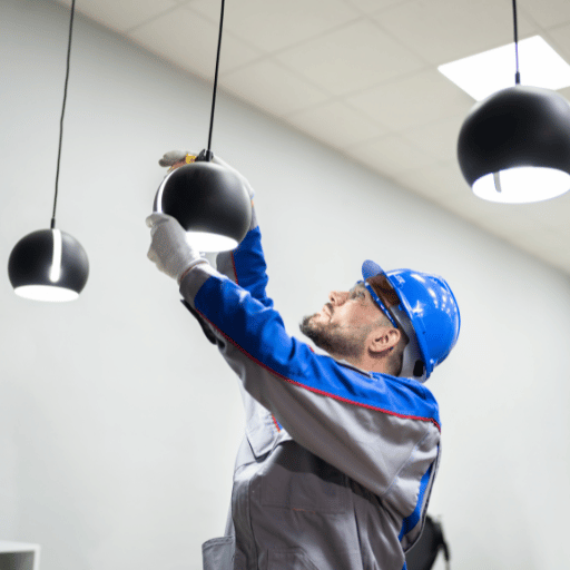 Técnico Marido Ideal instalando luminária pendente na sala de estar.